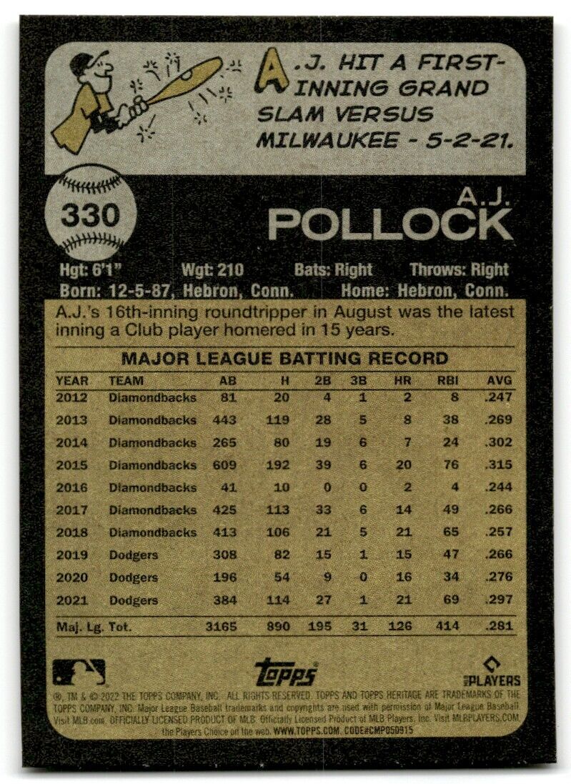 2022 Topps Heritage A.J. Pollock Los Angeles Dodgers #330