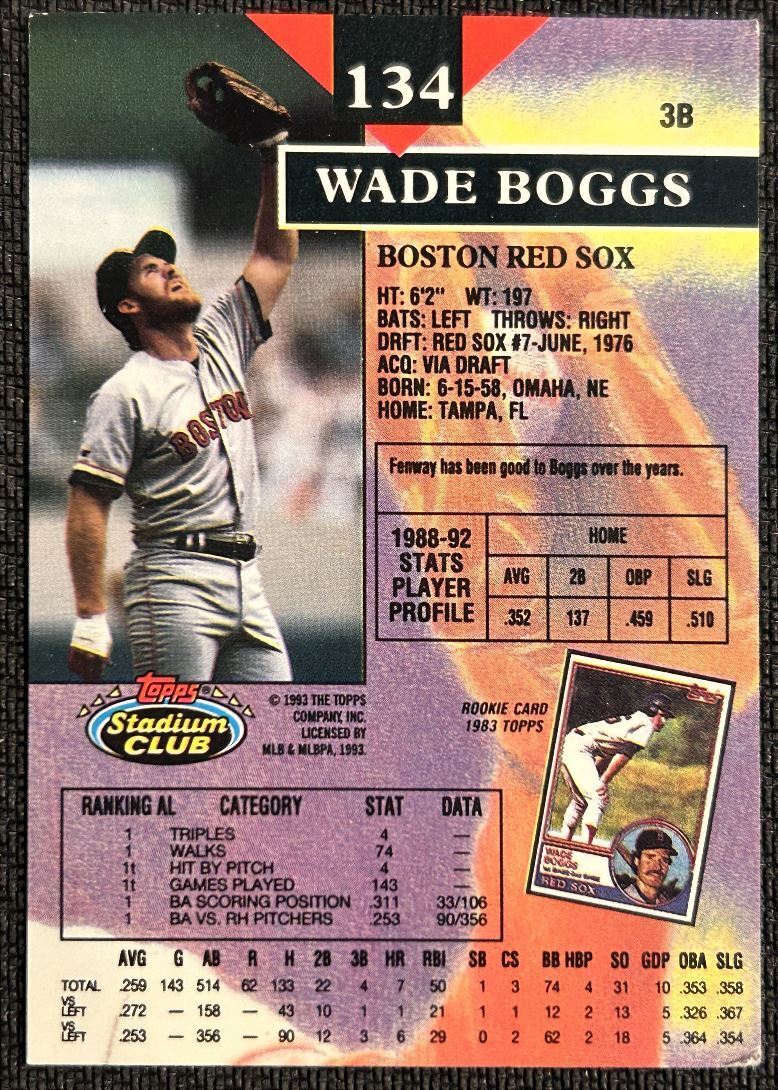 1993 Stadium Club Wade Boggs Boston Red Sox #134