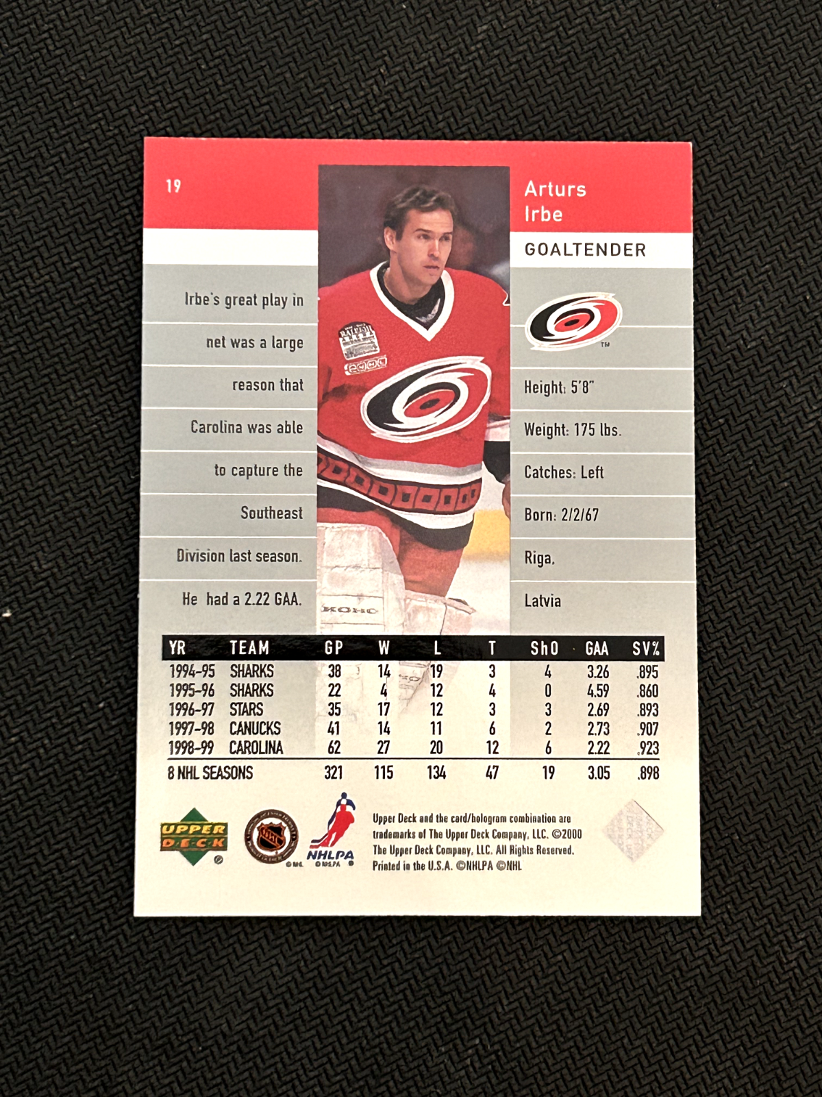 1999-00 Upper deck Black Diamond #19 Arturs Irbe Carolina Hurricanes