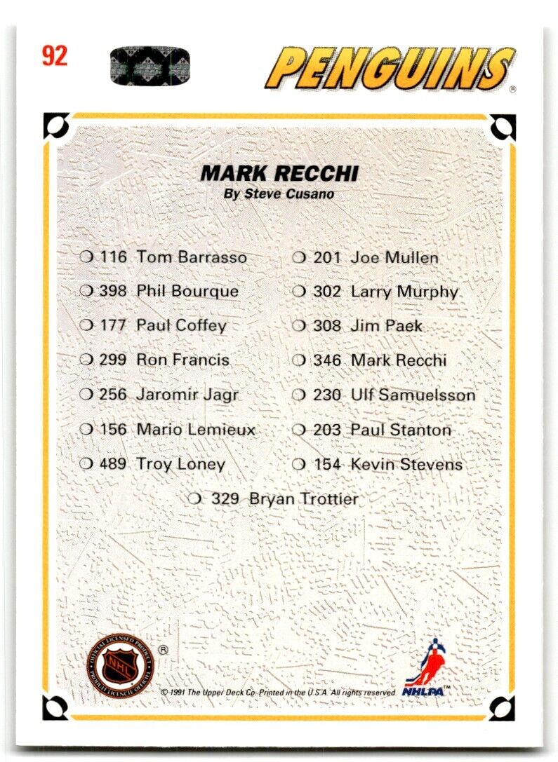 1991-92 Upper Deck Collector's Choice Mark Recchi Pittsburgh Penguins #92