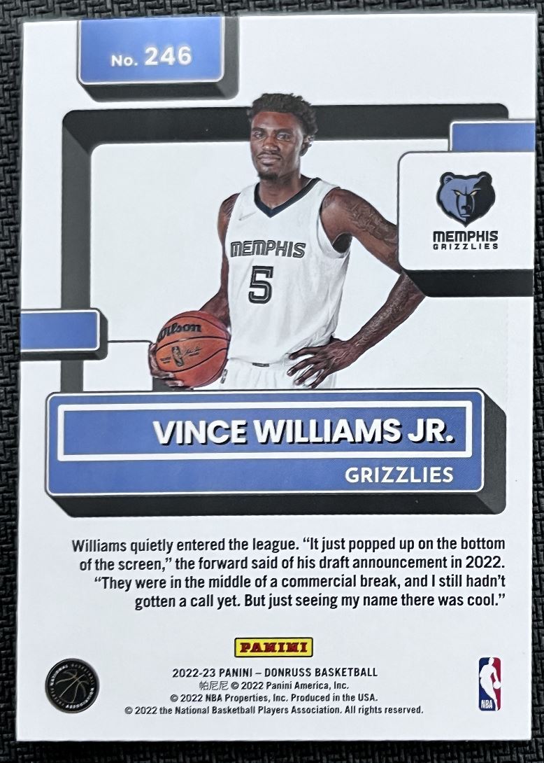 2022-23 Donruss Vince Williams Jr. Rookie Memphis Grizzlies #246