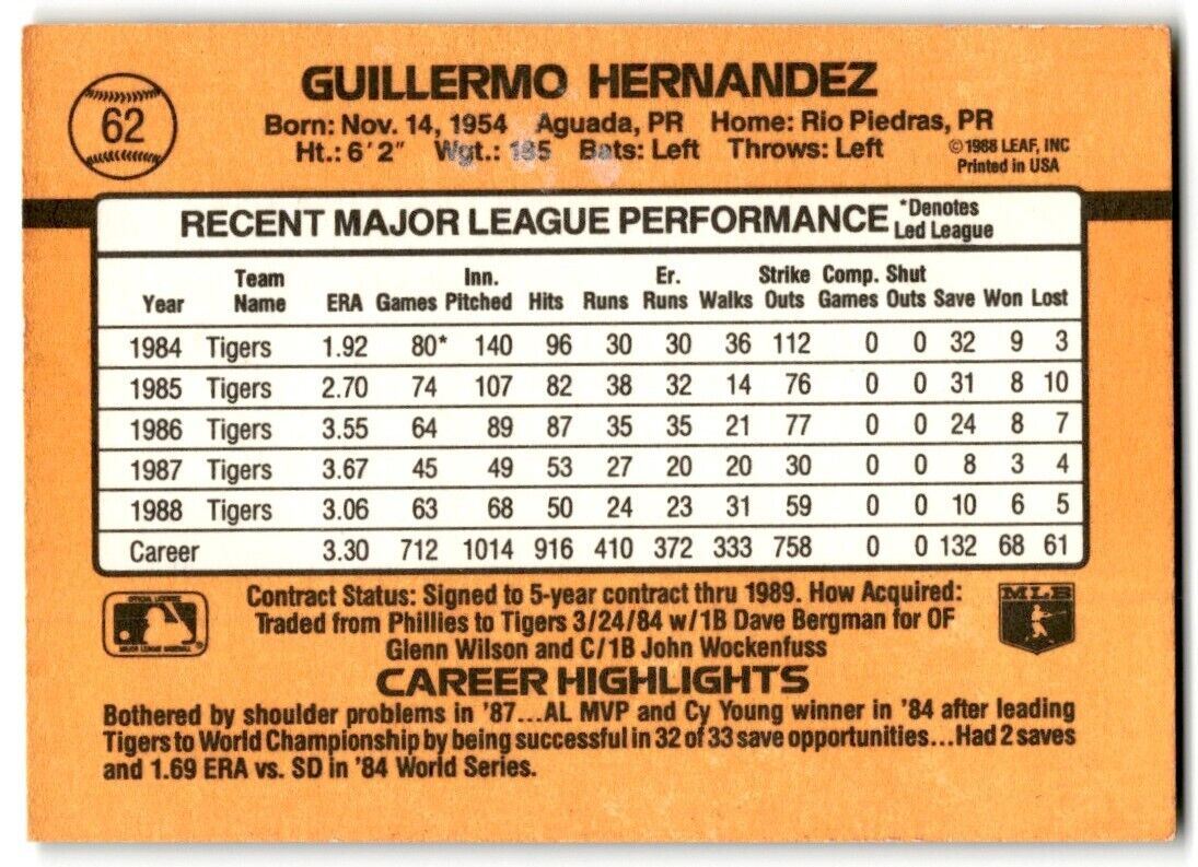 1989 Donruss Guillermo Hernandez Detroit Tigers #62