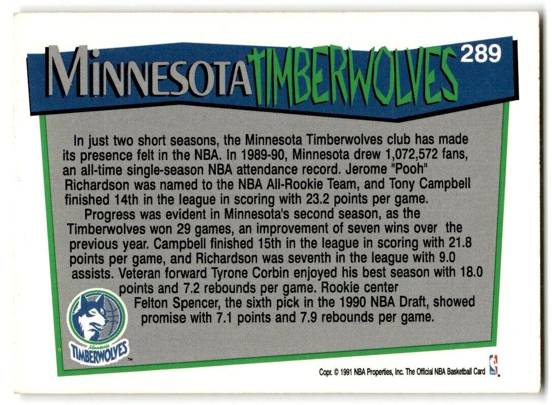 1991-92 Hoops Minnesota Timberwolves Minnesota Timberwolves #289