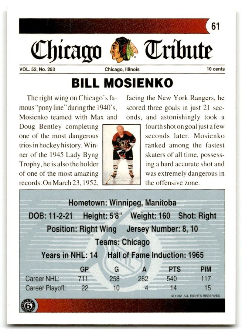 1991-92 Ultimate Original 6 French Bill Mosienko Chicago Blackhawks #61