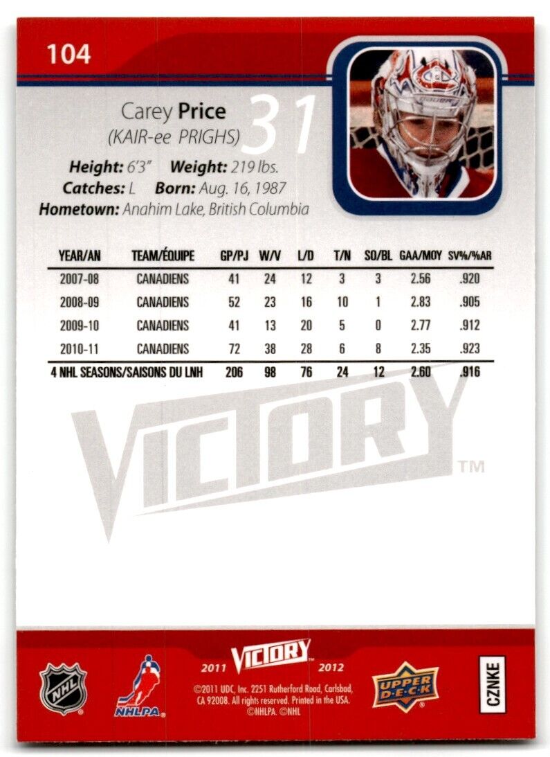 2011-12 Upper Deck Sweet Shot Carey Price Montreal Canadiens #104