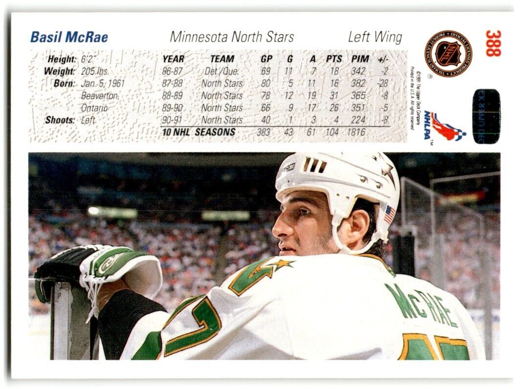 1991-92 Upper Deck Basil McRae Minnesota North Stars #388