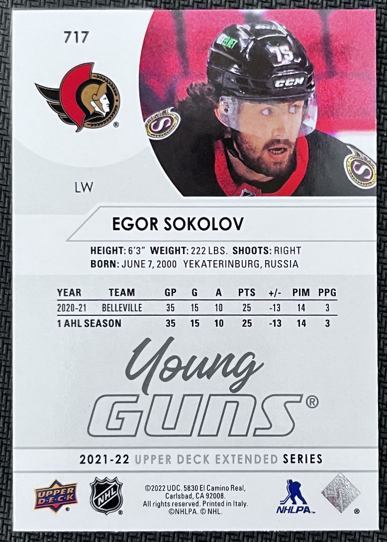 2021-22 Upper Deck Egor Sokolov Rookie Ottawa Senators #717