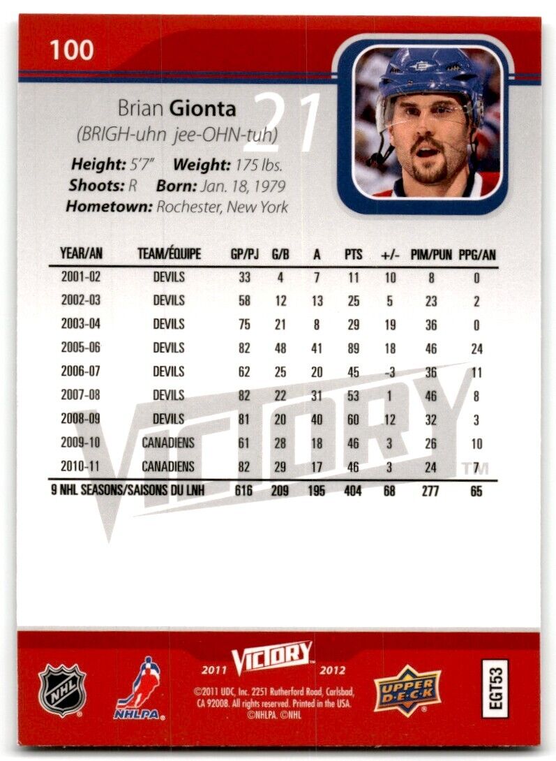 2011-12 Upper Deck Victory Brian Gionta Montreal Canadiens #100