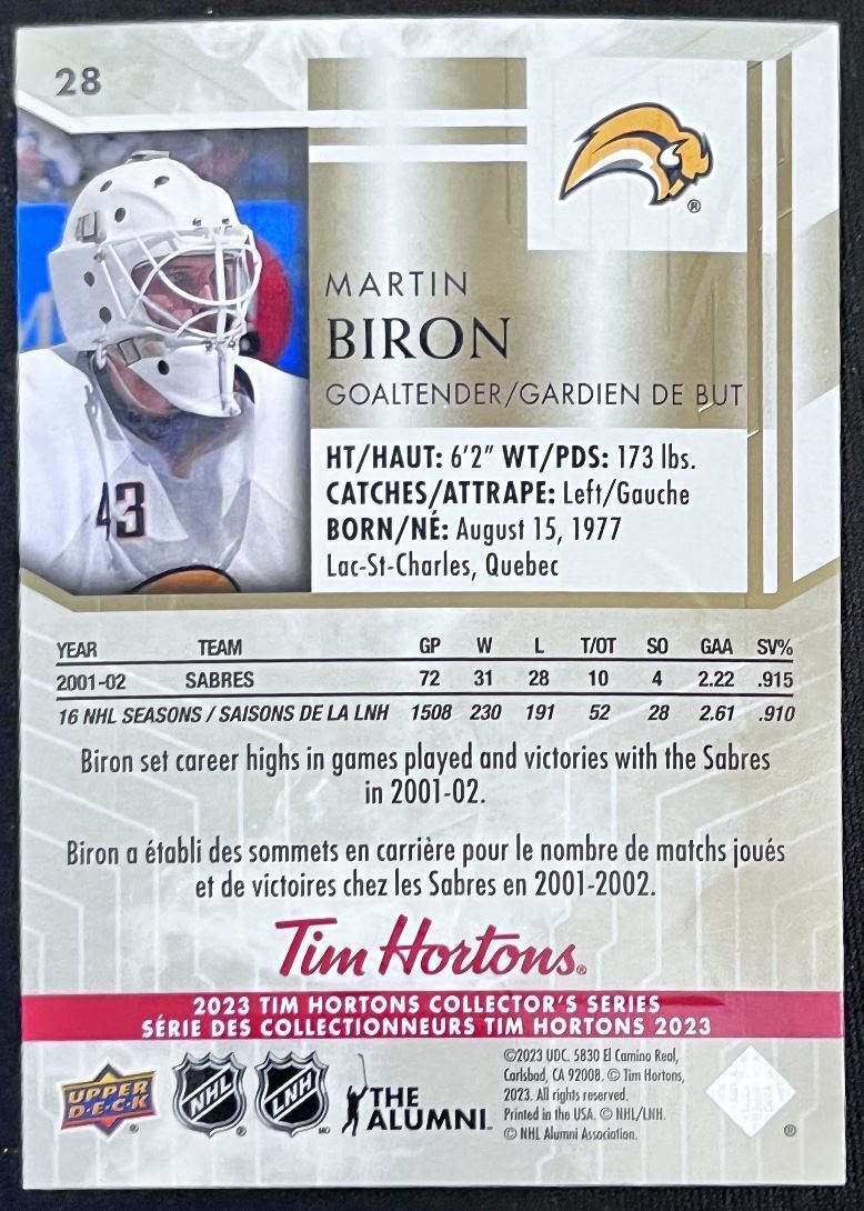 2023-24 Upper Deck Tim Hortons Legends Tim Horton Martin Biron Buffalo Sabres