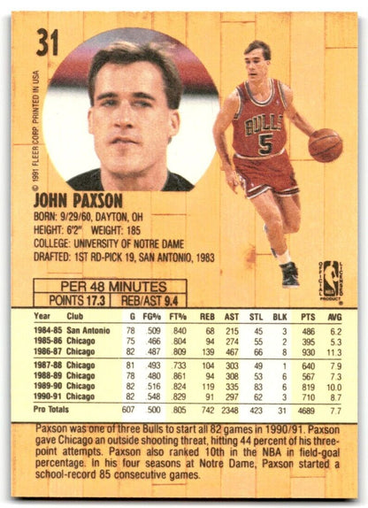 1991-92 Fleer John Paxson Chicago Bulls #31