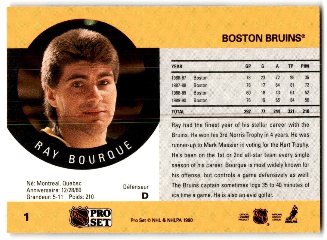 1990-91 Pro Set Ray Bourque Boston Bruins #1B