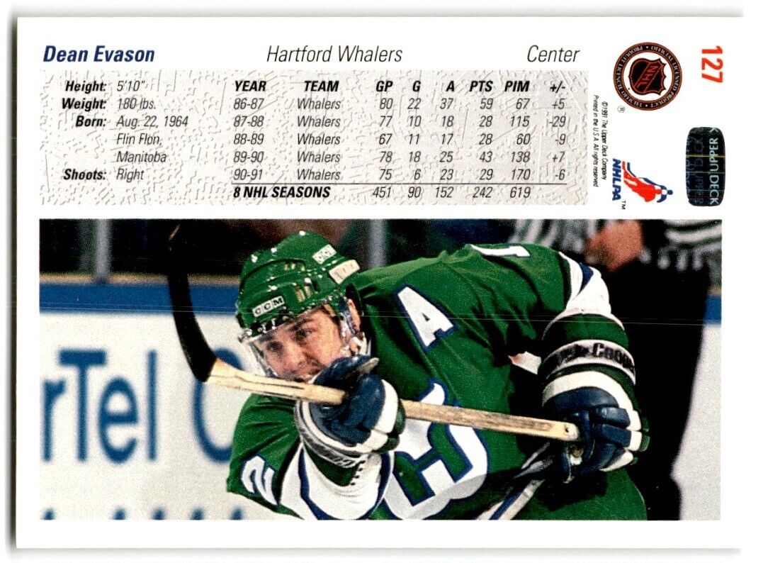 1991-92 Upper Deck Dean Evason Hartford Whalers #127