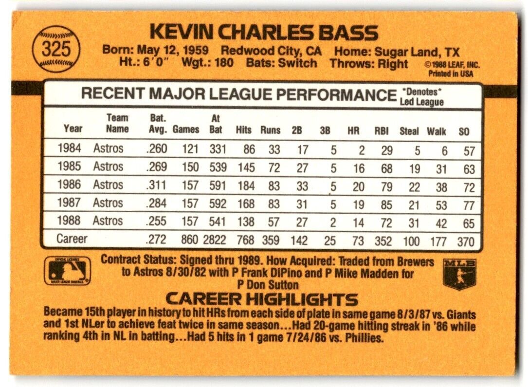 1989 Donruss Kevin Bass Houston Astros #325