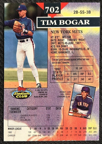 1993 Topps Stadium Club Tim Bogar Rookie New York Mets #702