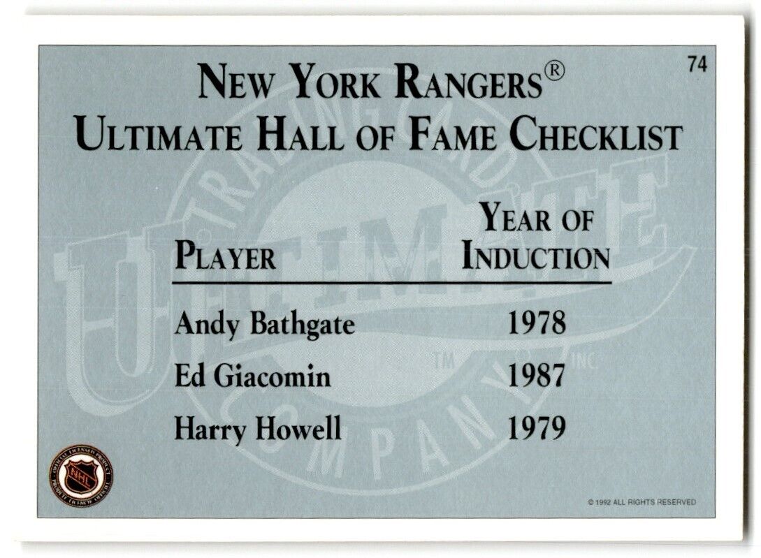 1991-92 Ultimate Original 6 French Andy Bathgate New York Rangers #74