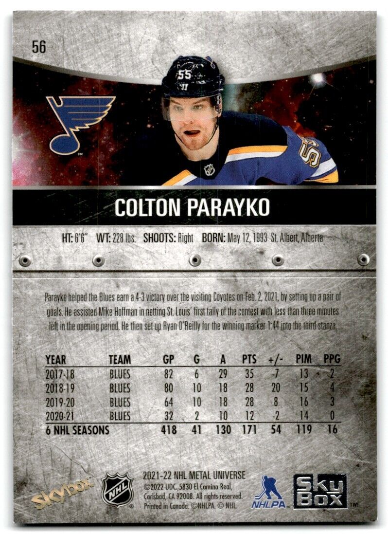 2021-22 Skybox Metal Universe Colton Parayko St. Louis Blues #56