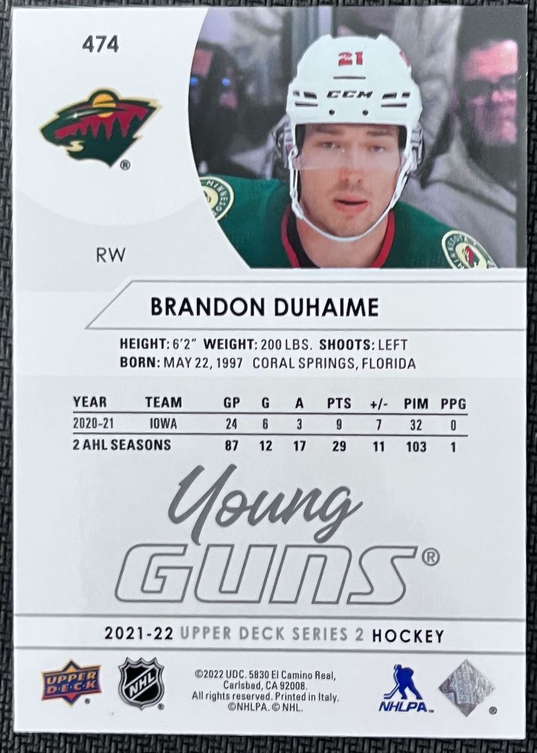 2021-22 Upper Deck Brandon Duhaime Rookie Minnesota Wild #474