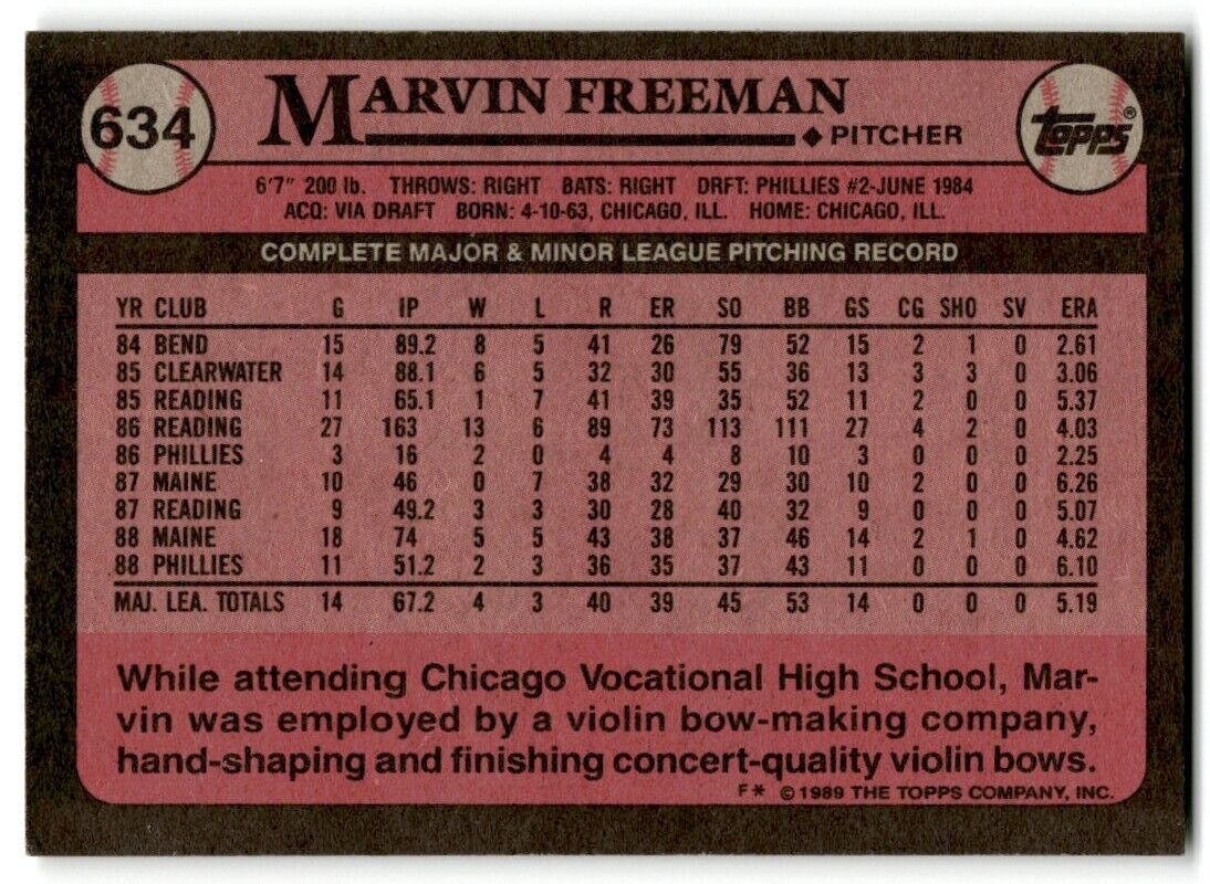 1989 Topps Marvin Freeman Philadelphia Phillies #634