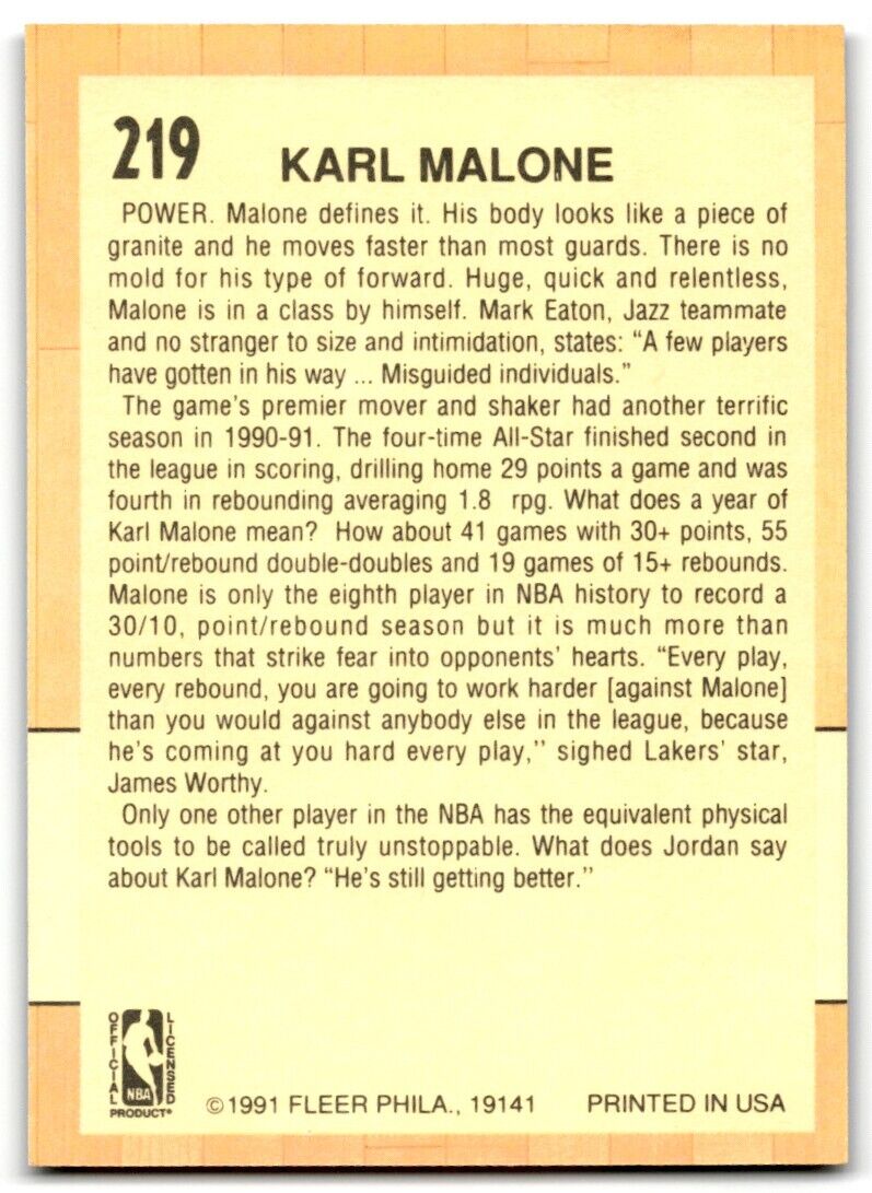 1991-92 Fleer Karl Malone Utah Jazz #219