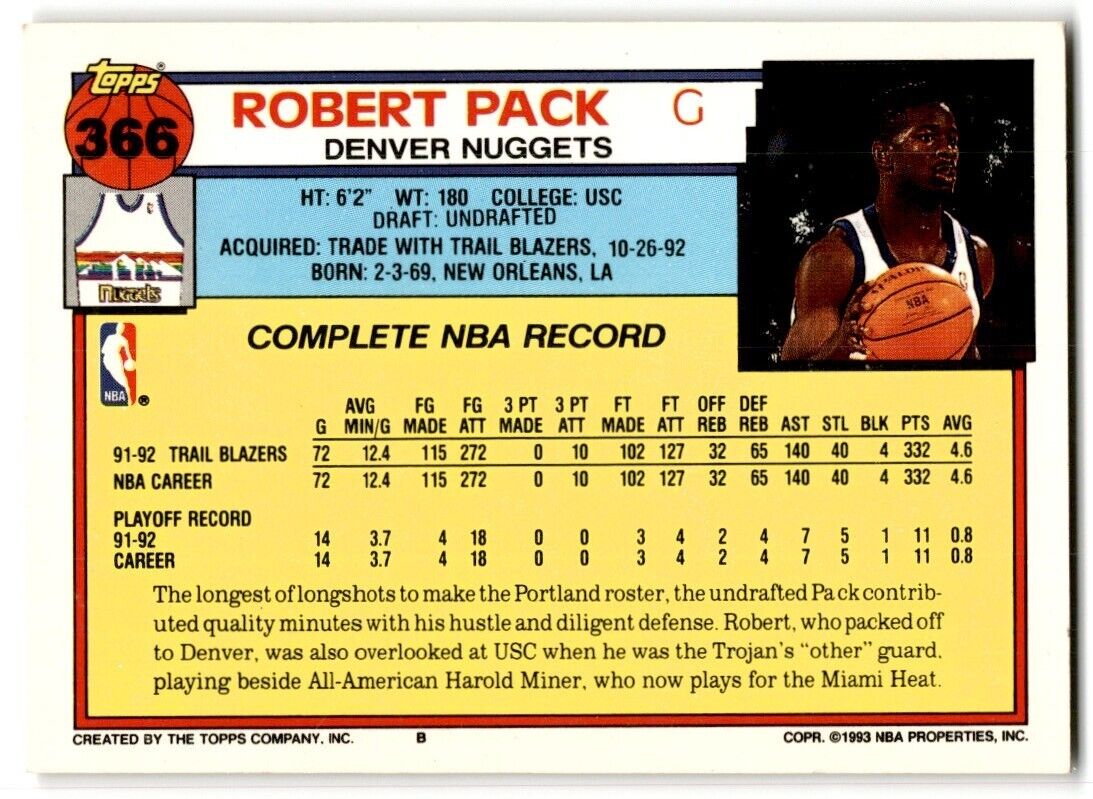 1992-93 Topps Robert Pack Denver Nuggets #366