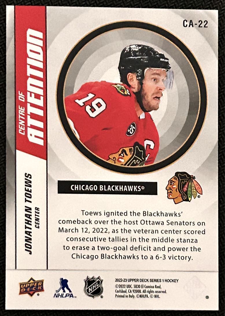 2022-23 Upper Deck Centre of Attention Jonathan Toews Chicago Blackhawks #CA-22