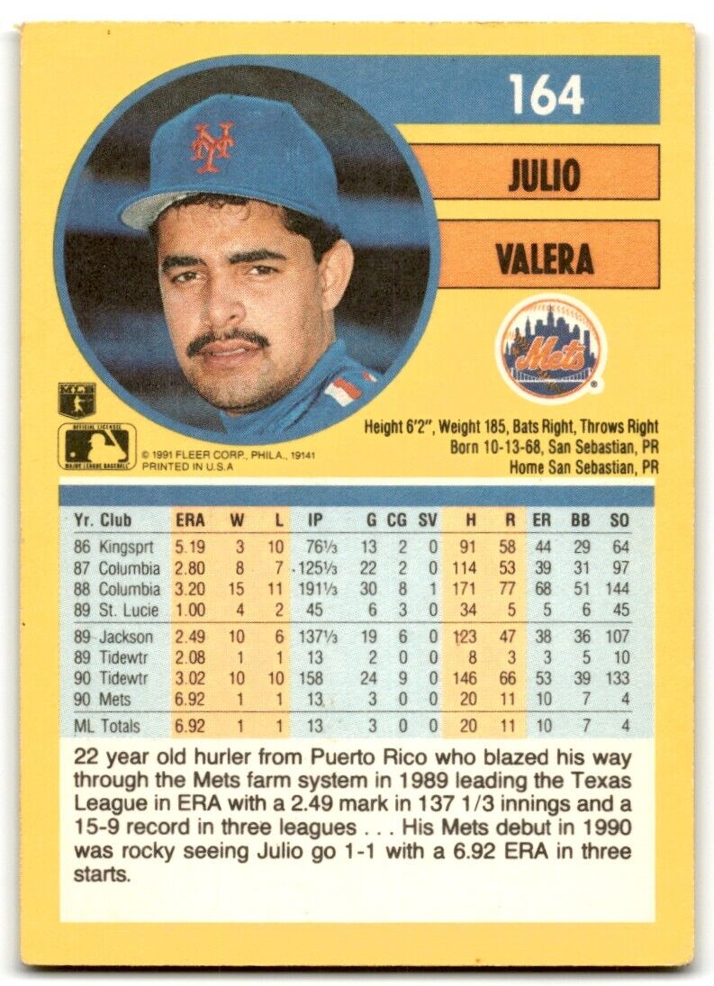 1991 Fleer Julio Valera New York Mets #164