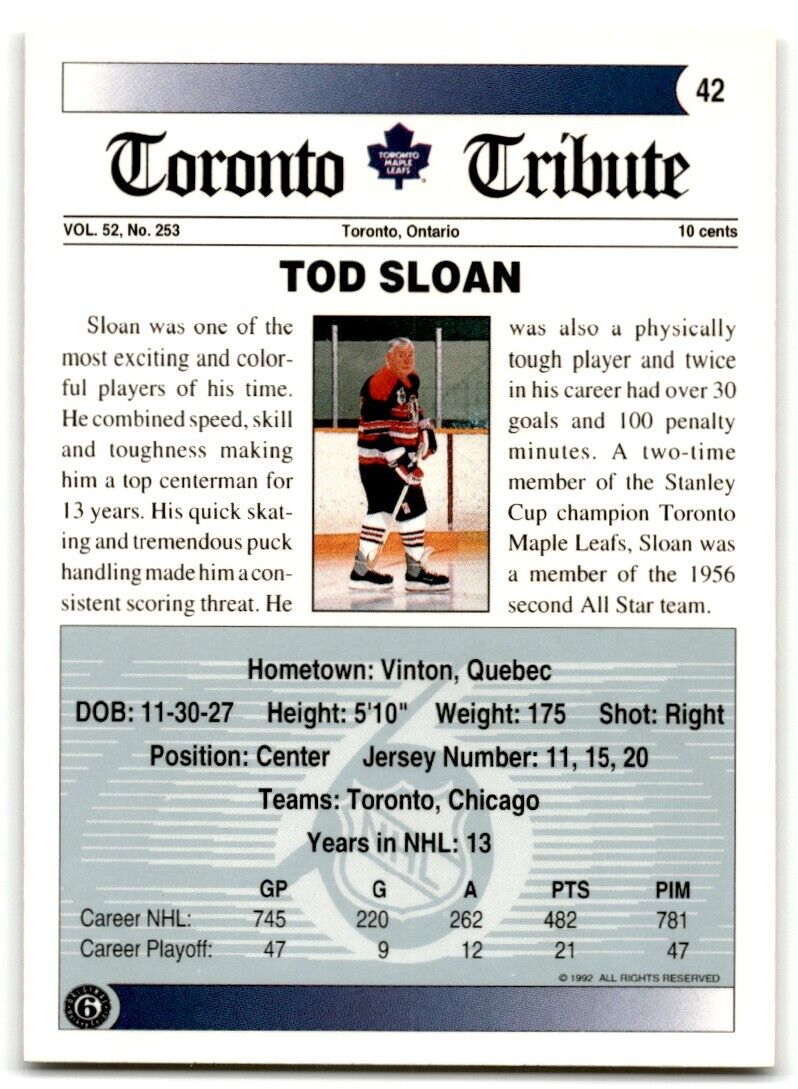 1991-92 Ultimate Original 6 Tod Sloan Toronto Maple Leafs #42