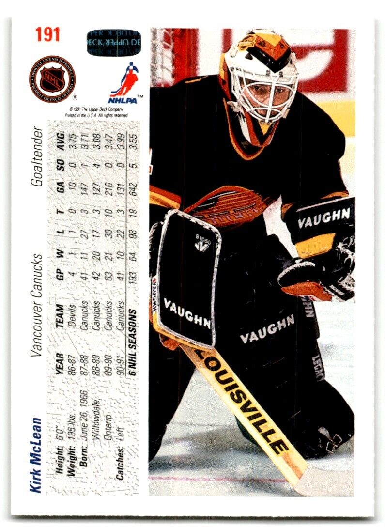 1991-92 Upper Deck Kirk McLean Vancouver Canucks #191