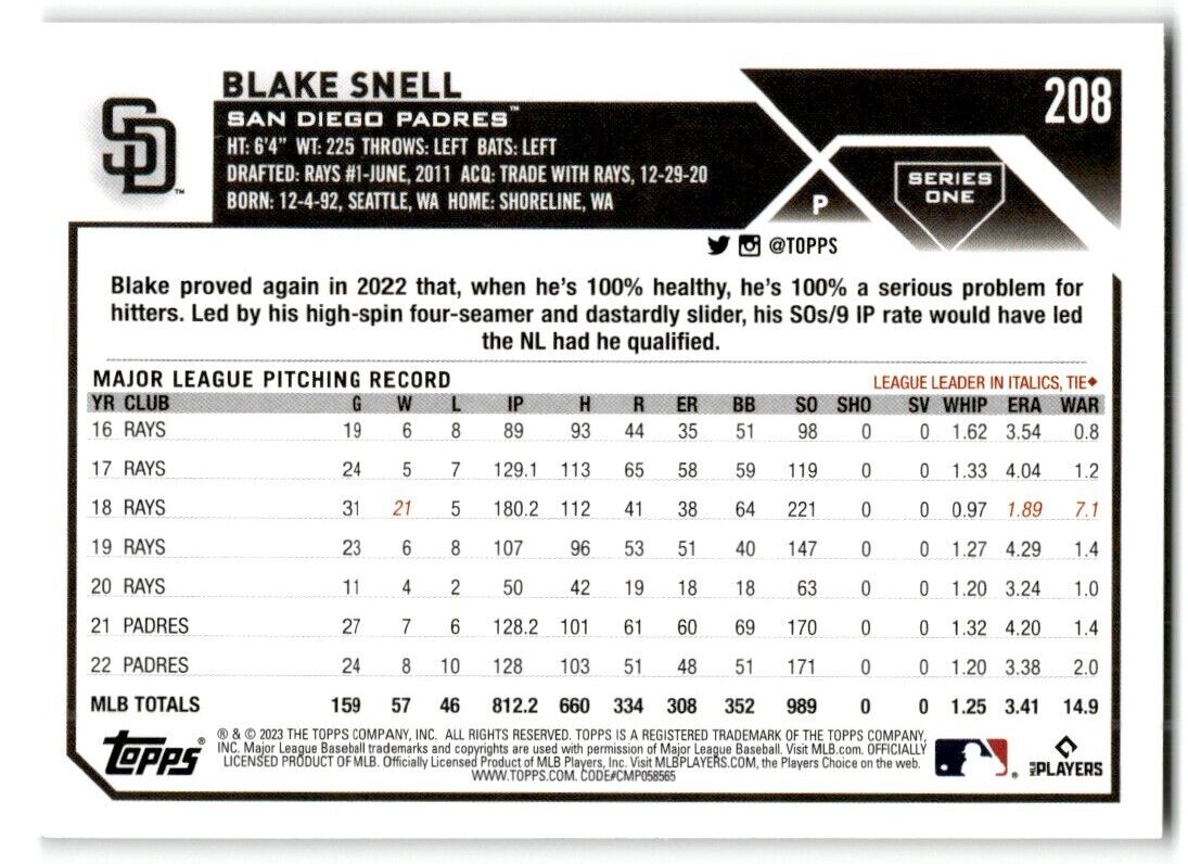 2023 Topps Blake Snell San Diego Padres #208