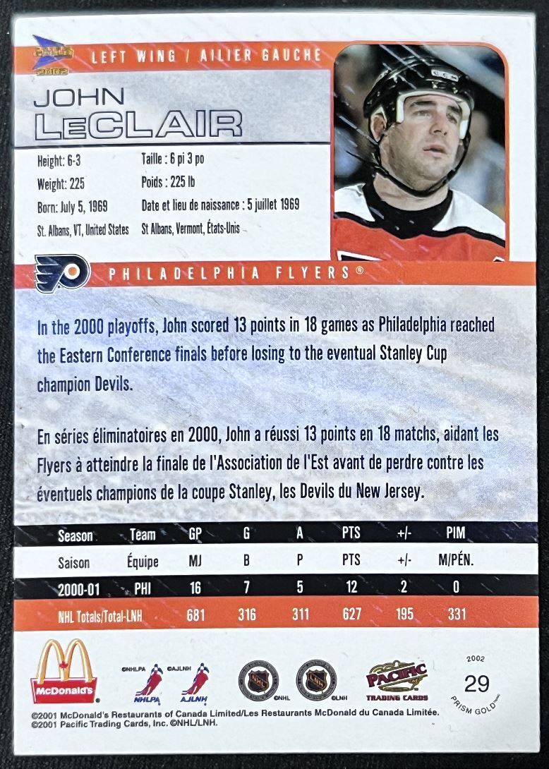 2001-02 Pacific McDonald's John Leclair Philadelphia Flyers #NNO