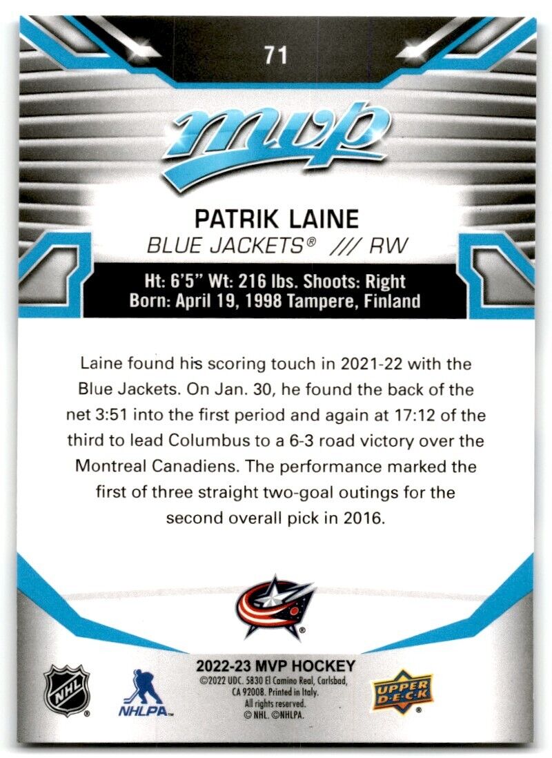 2022-23 Upper Deck MVP Patrik Laine Columbus Blue Jackets #71