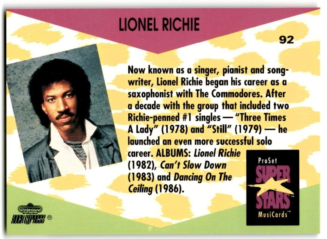 1991-92 ProSet Super Stars MusiCard Lionel Richie #92