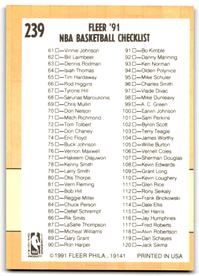 1991-92 Fleer Update Basketball Checklist #239