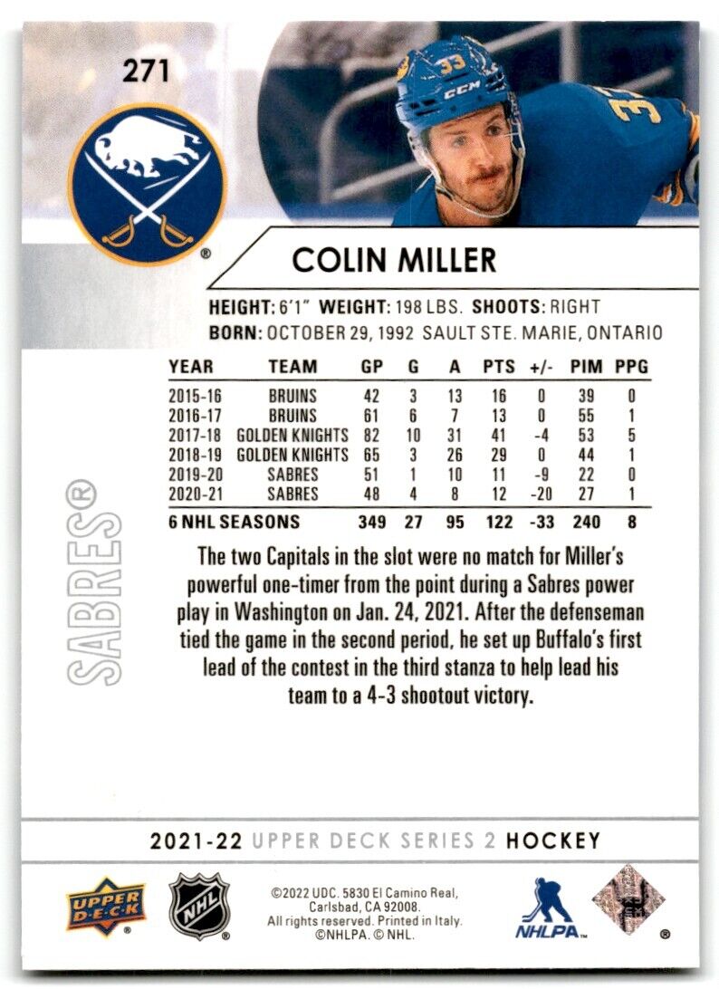 2021-22 Upper Deck Colin Miller Buffalo Sabres #271