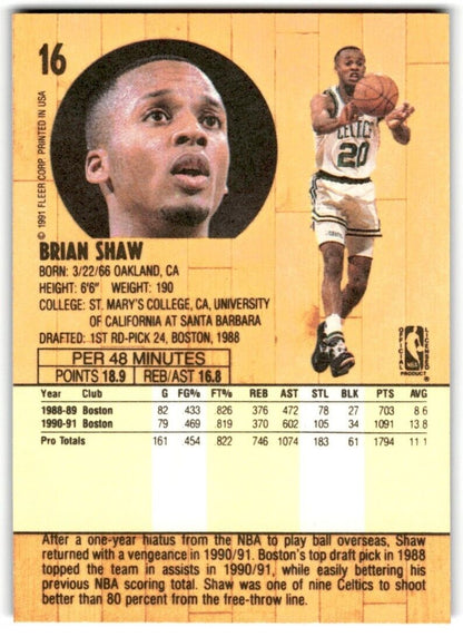 1991-92 Fleer Brian Shaw Boston Celtics #16