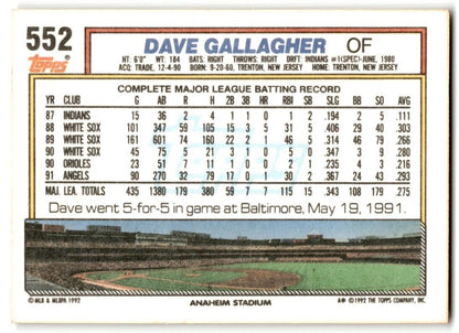 1992 Topps Dave Gallagher California Angels #552