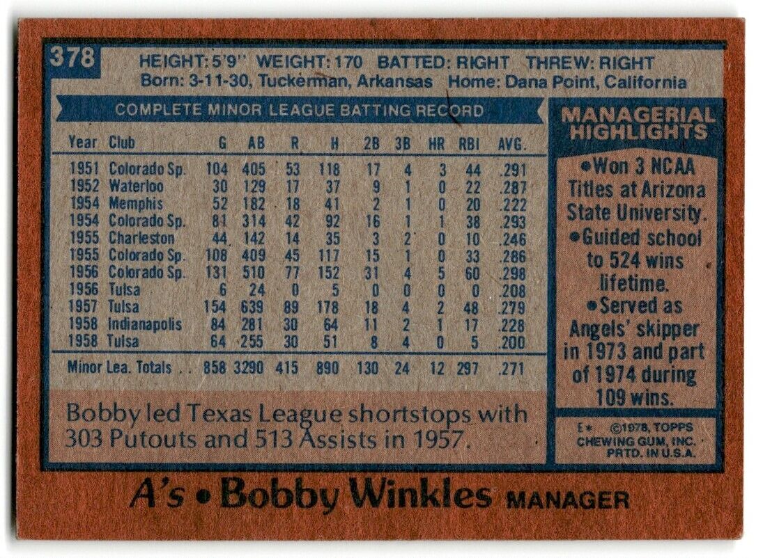 1978 Topps Bobby Winkles Oakland Athletics #378