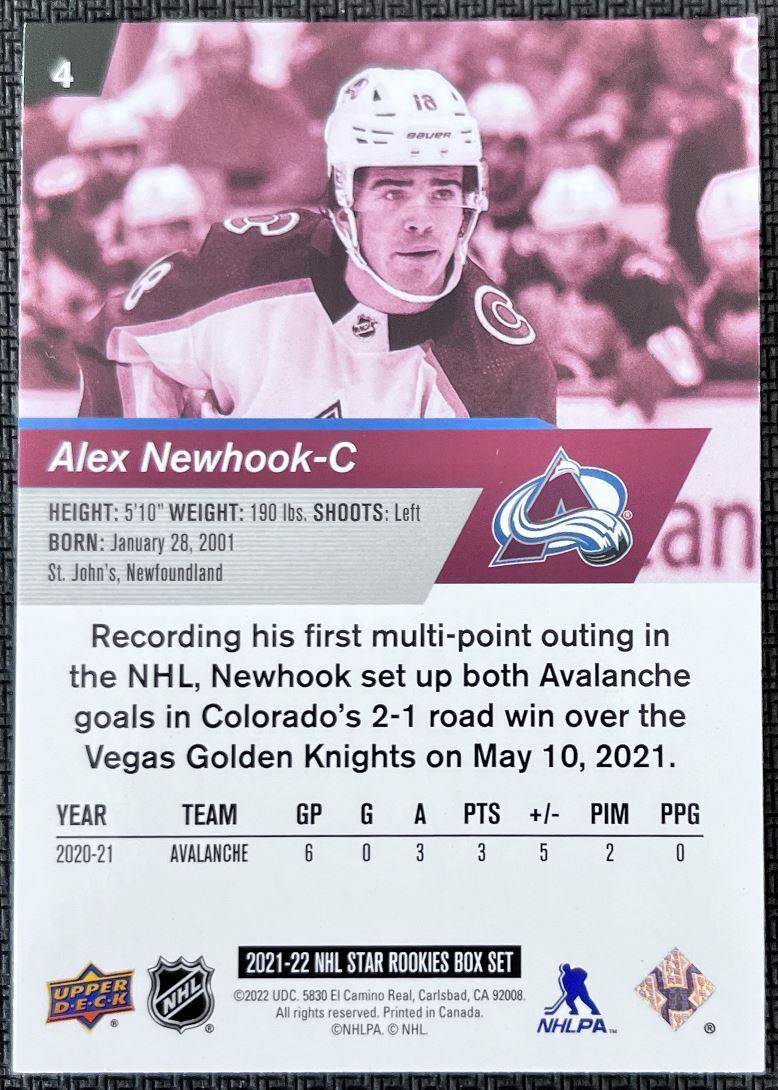 2021-22 Upper Deck NHL Star Rookie Alex Newhook Rookie Colorado Avalanche #4