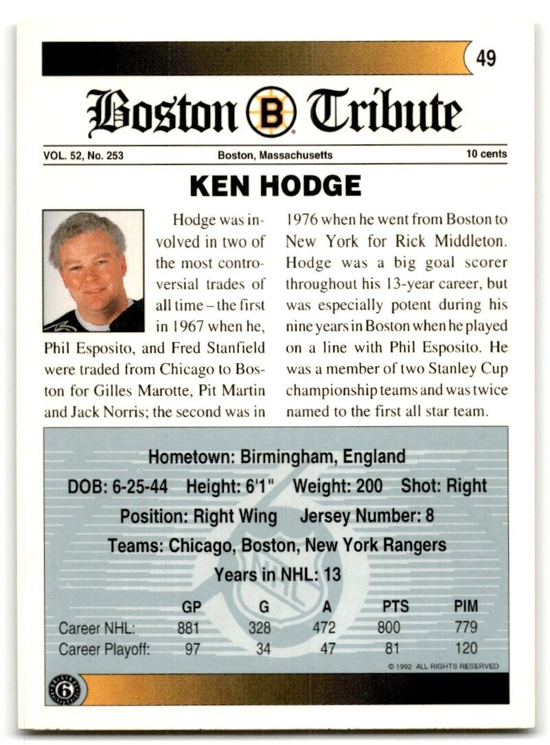 1991-92 Ultimate Original 6 Ken Hodge Auto Boston Bruins #49