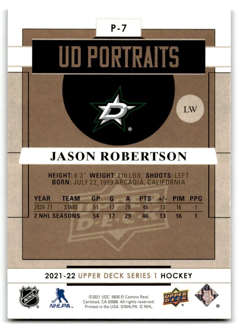 2021-22 Upper Deck UD Portraits Jason Robertson Dallas Stars #P-7