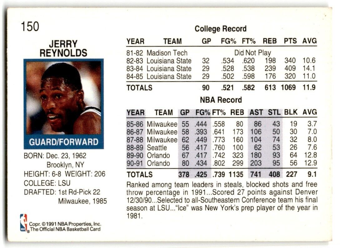 1991-92 Hoops Jerry Reynolds Orlando Magic #150