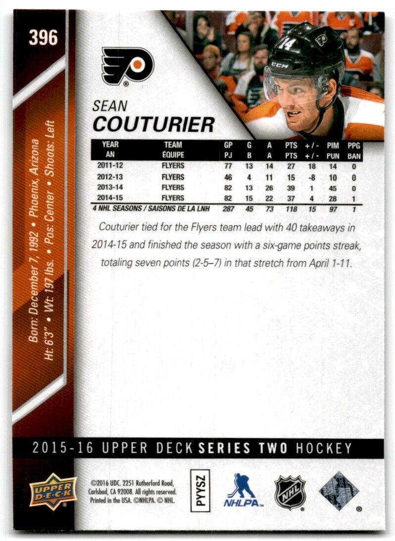 2015-16 Upper Deck Sean Couturier Philadelphia Flyers #396