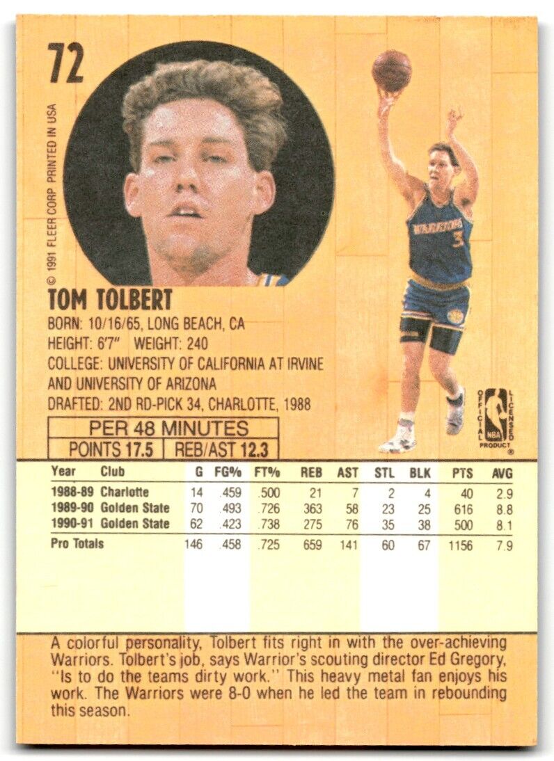 1991-92 Fleer Tom Tolbert Golden State Warriors #72