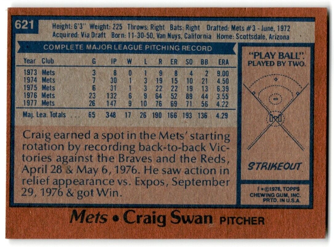 1978 Topps Craig Swan New York Mets #621