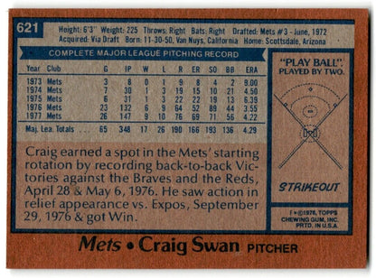 1978 Topps Craig Swan New York Mets #621