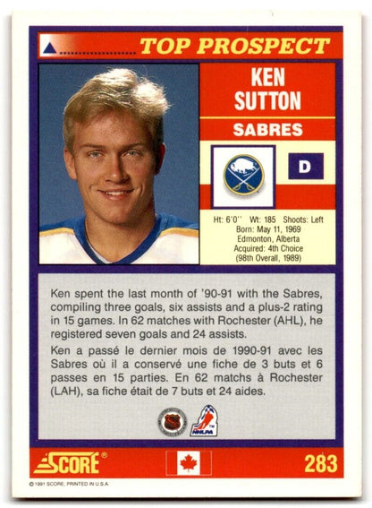 1991-92 Score Canadian Bilingual Ken Sutton Rookie Buffalo Sabres #283