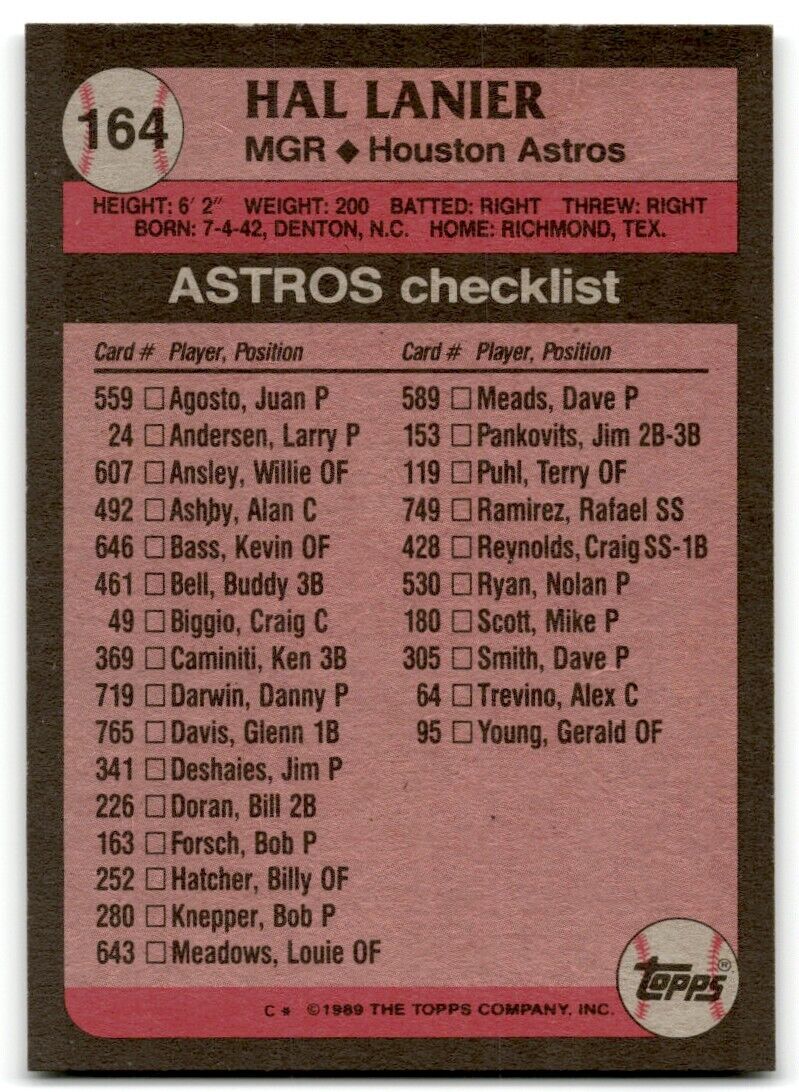 1989 Topps Hal Lanier Houston Astros #164