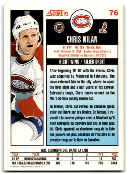 1992-93 Score Chris Nilan Montreal Canadiens #76