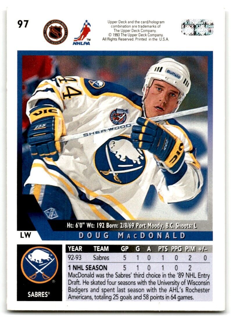 1993-94 Upper Deck Doug MacDonald Rookie Buffalo Sabres #97