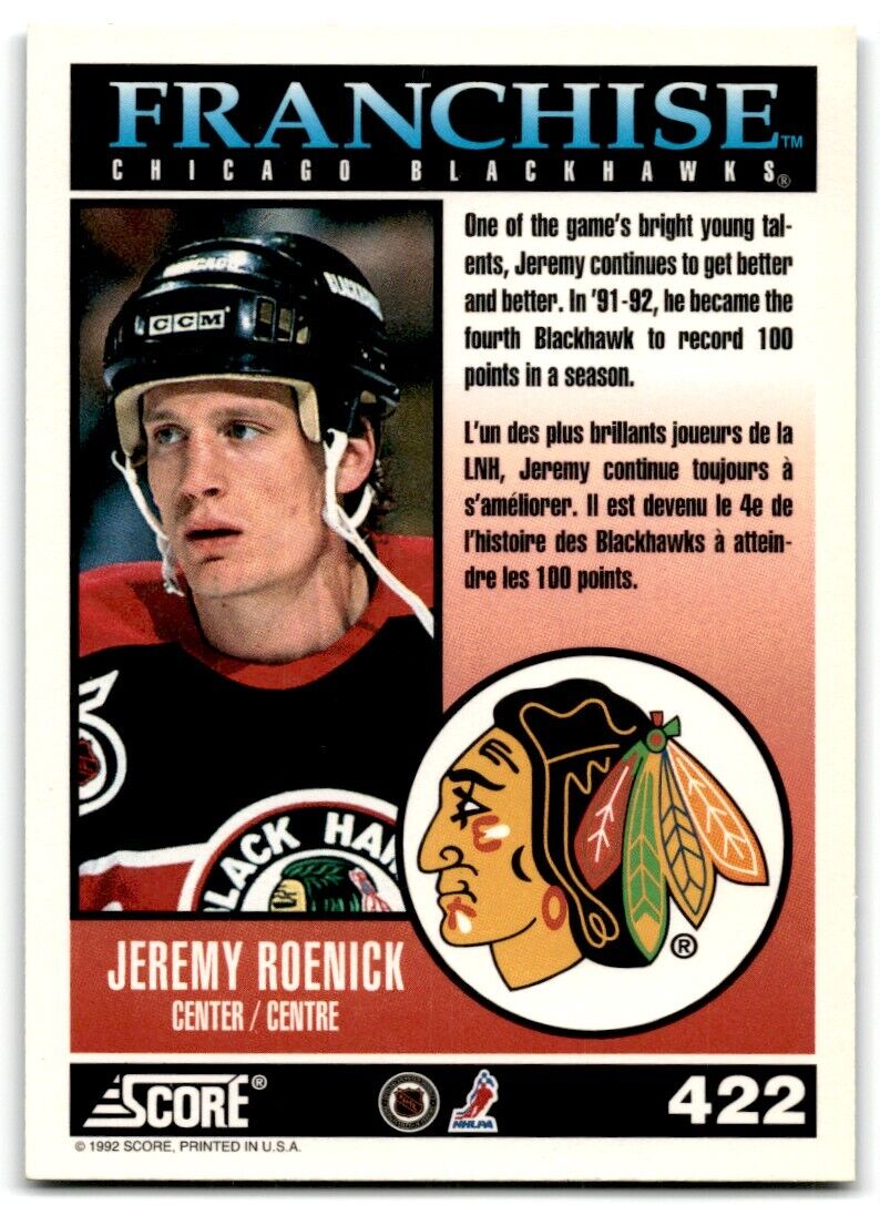 1992-93 Score Jeremy Roenick Chicago Blackhawks #422